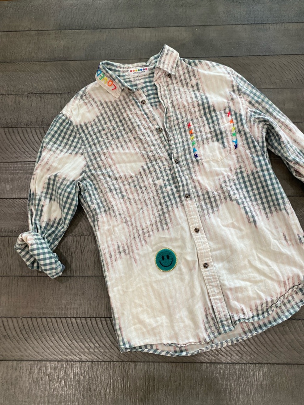 Plaid Button-Down Shirt with Rainbow Embroidery - Blue/White